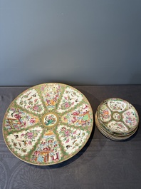 A large Chinese Canton famille rose dish and eight plates, 19th C.