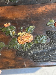 A square Chinese embellished and lacquered wooden box depicting a musician and two boys, Qing