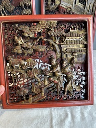 Two pairs of Chinese carved, lacquered and gilt-decorated wooden panels with figural design, 19th C.