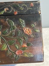 A square Chinese embellished and lacquered wooden box depicting a musician and two boys, Qing