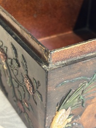 A square Chinese embellished and lacquered wooden box depicting a musician and two boys, Qing