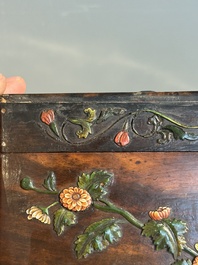 A square Chinese embellished and lacquered wooden box depicting a musician and two boys, Qing