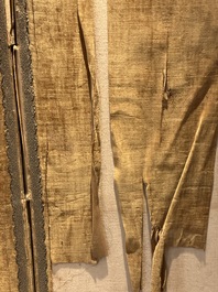 A pair of Chinese gold-thread-embroidered silk 'antiquities' folding screens, 19th C.