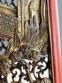 Two pairs of Chinese carved, lacquered and gilt-decorated wooden panels with figural design, 19th C.