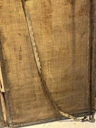 A pair of Chinese gold-thread-embroidered silk 'antiquities' folding screens, 19th C.