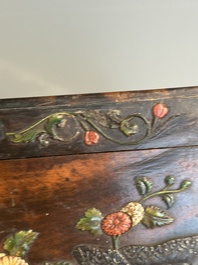 A square Chinese embellished and lacquered wooden box depicting a musician and two boys, Qing