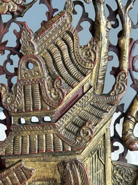 Two pairs of Chinese carved, lacquered and gilt-decorated wooden panels with figural design, 19th C.