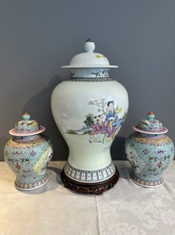 A Chinese famille rose covered vase and a pair of small covered vases, Qianlong mark, 20th C.