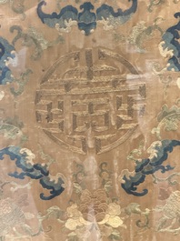 A pair of Chinese gold-thread-embroidered silk 'antiquities' folding screens, 19th C.