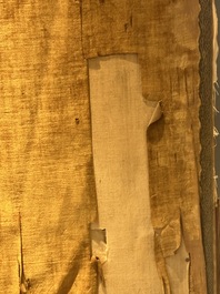 A pair of Chinese gold-thread-embroidered silk 'antiquities' folding screens, 19th C.