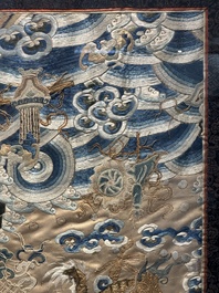A large rectangular Chinese gold thread-embroidered silk panel decorated with four four-clawed dragons, Qing