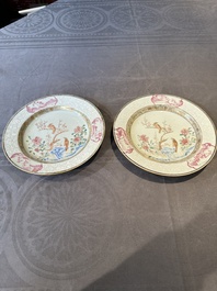A pair of Chinese famille rose 'magpie and peony' plates with bianco-sopra-bianco rims, Yongzheng
