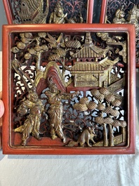 Two pairs of Chinese carved, lacquered and gilt-decorated wooden panels with figural design, 19th C.