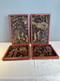 Two pairs of Chinese carved, lacquered and gilt-decorated wooden panels with figural design, 19th C.