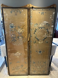 A pair of Chinese gold-thread-embroidered silk 'antiquities' folding screens, 19th C.