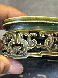 An oval Chinese imperial gold and silver filigree lidded 'dragon' box on reticulated stand and with presentation box, Qianlong mark and of the period