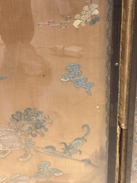 A pair of Chinese gold-thread-embroidered silk 'antiquities' folding screens, 19th C.