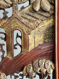 Two pairs of Chinese carved, lacquered and gilt-decorated wooden panels with figural design, 19th C.