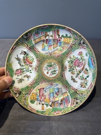 A large Chinese Canton famille rose dish and eight plates, 19th C.