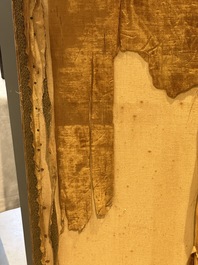 A pair of Chinese gold-thread-embroidered silk 'antiquities' folding screens, 19th C.
