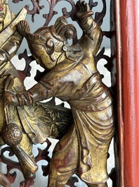 Two pairs of Chinese carved, lacquered and gilt-decorated wooden panels with figural design, 19th C.