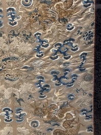 A large rectangular Chinese gold thread-embroidered silk panel decorated with four four-clawed dragons, Qing