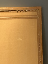 A large rectangular Chinese gold thread-embroidered silk panel decorated with four four-clawed dragons, Qing