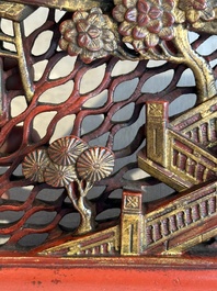 Two pairs of Chinese carved, lacquered and gilt-decorated wooden panels with figural design, 19th C.