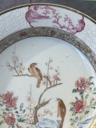 A pair of Chinese famille rose 'magpie and peony' plates with bianco-sopra-bianco rims, Yongzheng