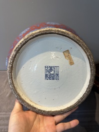 A Chinese blue and white, and iron-red 'bajixiang' 'hu' vase on wooden stand, Qianlong mark, 19th C.