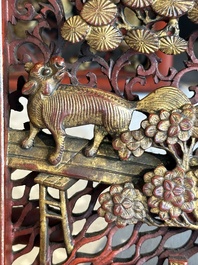 Two pairs of Chinese carved, lacquered and gilt-decorated wooden panels with figural design, 19th C.