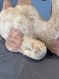 A pair of Chinese polychrome-painted terracotta camels with saddles, Tang