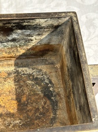 A Chinese rectangular bronze censer, Yu Tang Jing Wan 玉堂精玩 mark, Qing