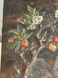 A square Chinese embellished and lacquered wooden box depicting a musician and two boys, Qing