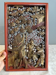 Two pairs of Chinese carved, lacquered and gilt-decorated wooden panels with figural design, 19th C.