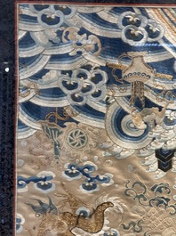 A large rectangular Chinese gold thread-embroidered silk panel decorated with four four-clawed dragons, Qing