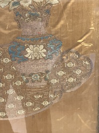 A pair of Chinese gold-thread-embroidered silk 'antiquities' folding screens, 19th C.