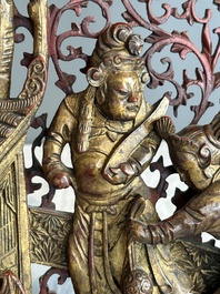 Two pairs of Chinese carved, lacquered and gilt-decorated wooden panels with figural design, 19th C.