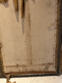 A pair of Chinese gold-thread-embroidered silk 'antiquities' folding screens, 19th C.