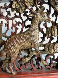 Two pairs of Chinese carved, lacquered and gilt-decorated wooden panels with figural design, 19th C.