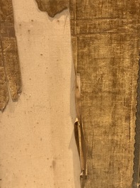 A pair of Chinese gold-thread-embroidered silk 'antiquities' folding screens, 19th C.