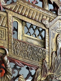 Two pairs of Chinese carved, lacquered and gilt-decorated wooden panels with figural design, 19th C.