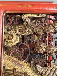 Two pairs of Chinese carved, lacquered and gilt-decorated wooden panels with figural design, 19th C.