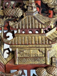 Two pairs of Chinese carved, lacquered and gilt-decorated wooden panels with figural design, 19th C.