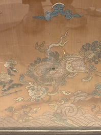 A pair of Chinese gold-thread-embroidered silk 'antiquities' folding screens, 19th C.