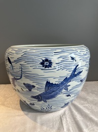 A Chinese blue and white 'carp' fishbowl, Kangxi