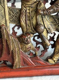 Two pairs of Chinese carved, lacquered and gilt-decorated wooden panels with figural design, 19th C.