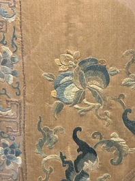 A pair of Chinese gold-thread-embroidered silk 'antiquities' folding screens, 19th C.