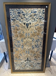 A large rectangular Chinese gold thread-embroidered silk panel decorated with four four-clawed dragons, Qing