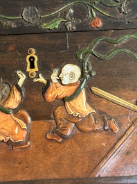 A square Chinese embellished and lacquered wooden box depicting a musician and two boys, Qing